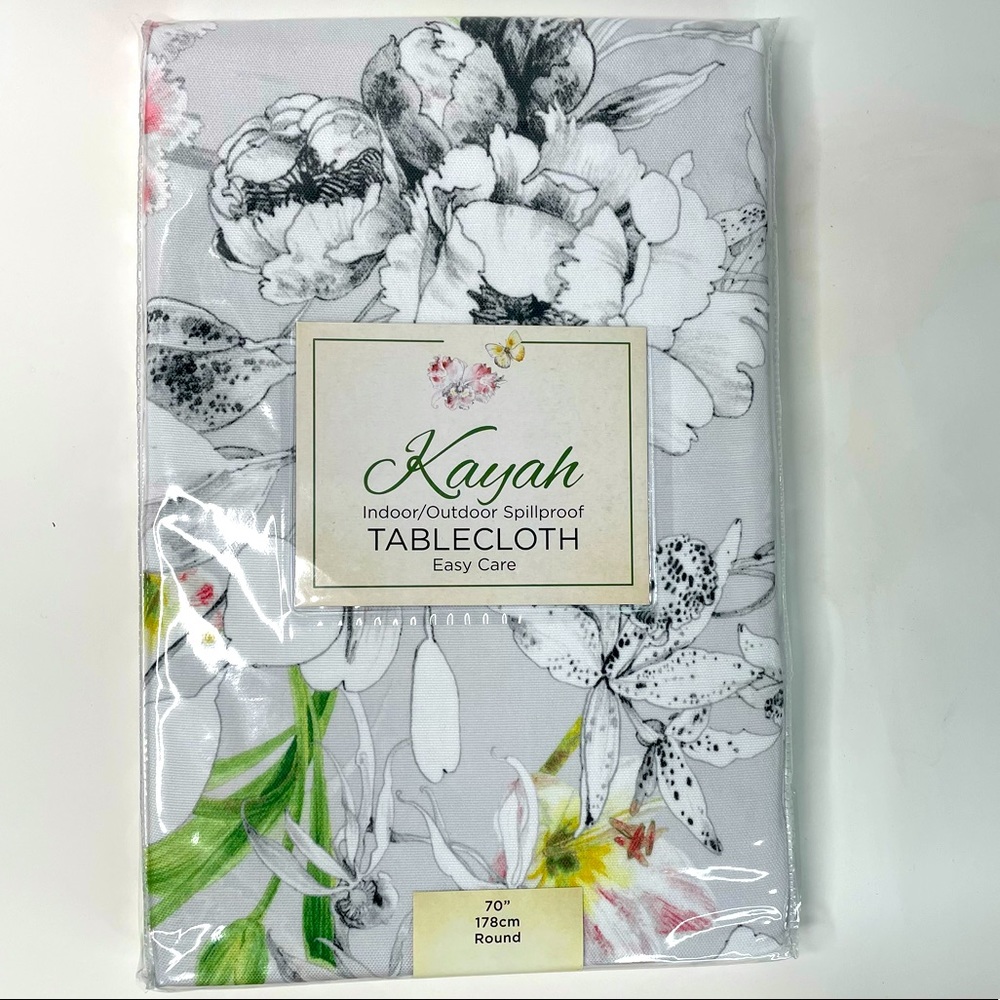 Kayah floral gray spillproof tablecloth 70” round